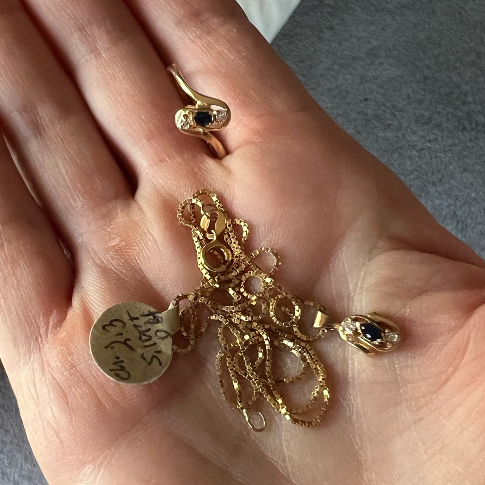 14k yellow gold matching necklace, pendant and ring diamonds and sapphires